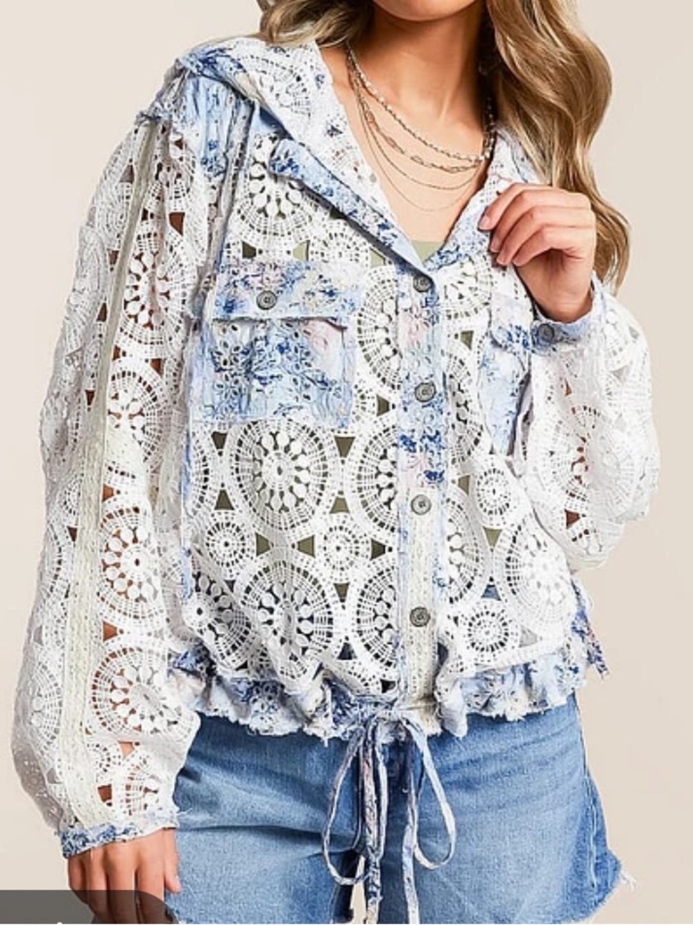 POL womans Boho Crochet Lace Drawstring Jacket - White & Light Blue size S